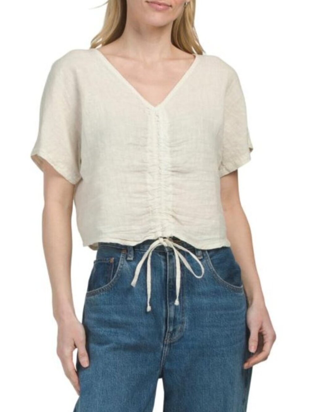 VIANOVA Made In Italy Linen Cropped Short Sleeve Drawstring Shirt